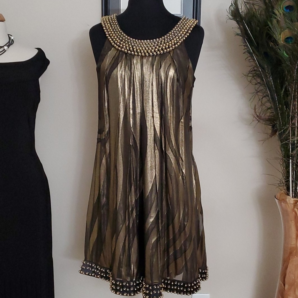 Silk Metallic Dress w/ Gold Beaded Embellishment